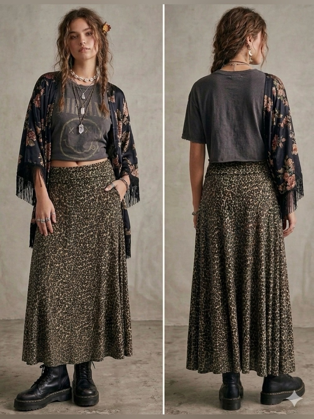 LuLaRoe Leopard Print A-Line Fold Over 90’s Grunge Boho Maxi Skirt Black Tan XS